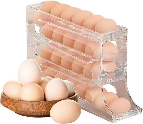 Shengruili 4-stufiger Eierbehälter für Kühlschrank, Eierhalter, Eier Aufbewahrung, Stapelbar, Rollvorrichtung zur Frischhaltung