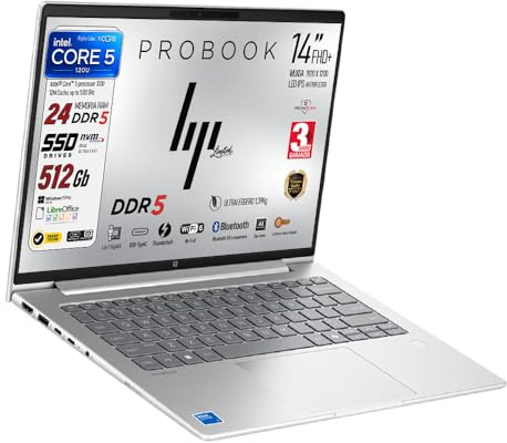 HP Notebook Portatile Intel Core 5 120U, 10Core, MEMORIA RAM DDR5 24Gb, SSD Pci 512Gb, Display IPS WUXGA 14, Wi-Fi6, Display Port, lan, fingerprint, Tastiera qwerty, Ready to Use, garanzia 3 anni