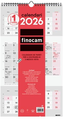 Finocam - Väggkalender 2026, 3 månadersvy januari - december (12 månader) | Kalender 2026 att skriva ned | Neutral månadsplanerare – katalansk