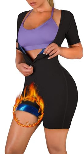 Damen Saunaanzüge 3 in 1 Sauna Shirt Neopren Ganzkörper Jumpsuit Taillentrainer Bauchweg Hot Thermo Schweiß Schwitzen(BK 3XL)