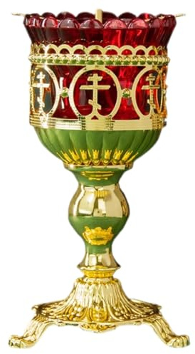 Orthodox Vigil Lamp Gold Plated Metal Red Glass Candle Holder with Cross Motifs for Church Home Shrine Religious Devotion (7.1In)