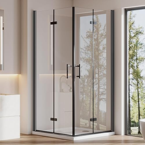 Cozynest Duschkabine Schwarz 80x90x195cm Eckeinstieg Falttür Eckdusche | Doppelte Faltbare Duschtür Dusche mit 6mm ESG Nano beschichtung Sicherheitsglas Hebe-Senk-Mechanismus Platzsparende