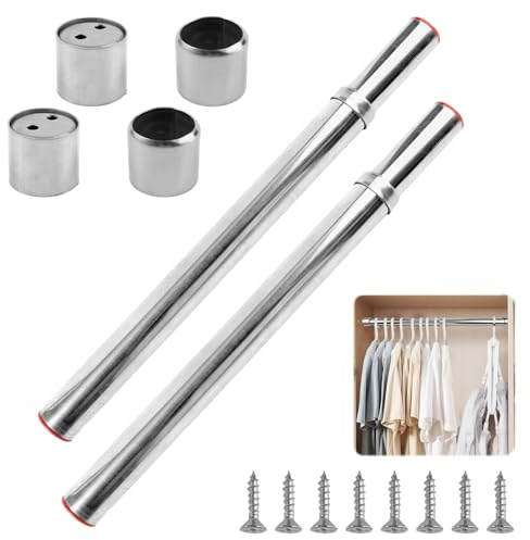 2 Barra de Armario de Acero Inoxidable,31-46cm Tubo de Armario Extensible con 8 Tornillos Hasta 60KG,Barra Riel tubo para Ropa Ajustable,Barra Ajustable con Enchufes Finales para Casa Tienda Hotel
