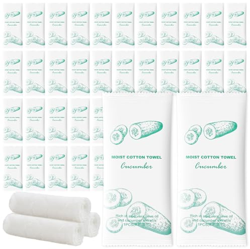 Moist Cotton Towel Bulk Moist Towelettes Individually Wrapped,White Towel Services,Refreshment Pre Moistened Towels for Dentist Travel Sport Party Hotel 50，Green tea (pack of 50, Cucumber)