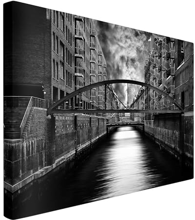 micasia Leinwandbild Skyline Bild Leinwand Wanddeko - Made in Germany - Hamburg Wandbild Modern schwarz weiss Wohnzimmer Schlafzimmer Canvas 4873 (70x50cm)