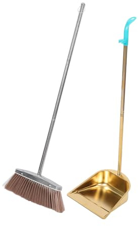 Healifty Balai et Pelle à Poussière Acier Inoxydable Doré Manche Long Ergonomique pour Nettoyage des Coins Étroits Outil de Ménage et Pratique