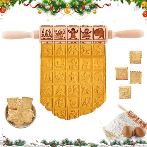 3D Holz Teigroller, Weihnachten Nudelhölzer, 35 * 4.5 cm Holz Weihnachten Präge, Weihnachte-n Teigrolle-r, Graviertes Nudelholz, Prägerolle Hol-z Teigroller für DIY, Teig, Fondant, Keks, Kuchen (ya)