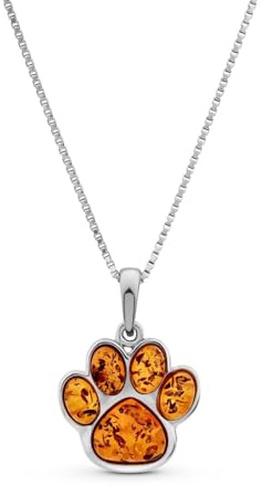 Old English Jewellers Sterling Silver 925 Baltic Amber Paw Print Ladies Necklace - Natural Women's Teen's Kid's Animal Paw Pendant on Italian Box Chain - Pendant only or 16-24 Inch (No Chain)