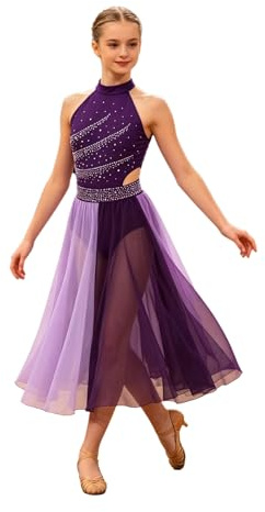 Miaeowve Tanzkleid Lyrisch Kinder Mädchen Ballettkleid Lang Strass Glitzer Eiskunstlauf Kleid Ärmellos Trainingskleid Rollkunstlauf Anzug