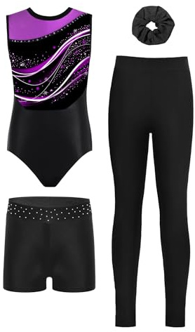 inhzoy Mädchen Turnanzug Mit Hose Kurz&Lang Ärmelloser Farbblock Trikot Leggings Shorts Und Haargummi Set Gymnastik Tanzkleidung