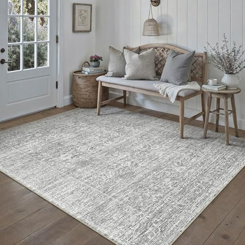 PureCozy Vintage Vardagsrum Matta 160x230cm Tvättbar Golvmatta Grå | Halkfri Stor Mattor,Sovrumsmatta,Kort Lugg Inomhusbruk Carpet,Matsal Rugs,Kontor Carpet,Barnrum