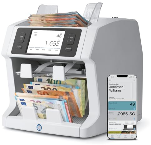 Safescan 2985-SC Money Counting Machine that Value Counts and Sorts Mixed Notes - Cash Counting Machine with 10-Point Counterfeit Money Detector - Money Counter Machine with Free Safescan app