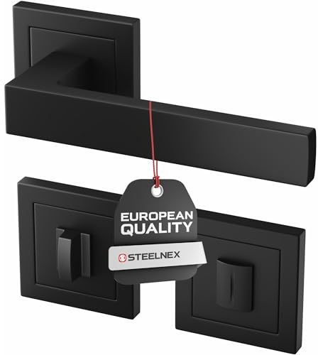 STEELNEX ERGO Türklinke Schwarz Matt - Türgriff Set aus Aluminium für Badtüren WC - Türdrücker für Tür 35-55 mm - Drückergarnitur Innentüren - Türbeschlag - Türdrückergarnitur - Vierkant 8 x 8 mm