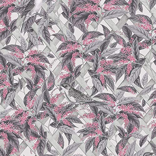 Holden Decor Glasshouse Cassidy Dusky Pink Grey Wallpaper 90172 - Trellis Birds
