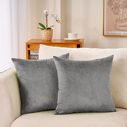 Hafaa Velvet Cushions with Covers Included Set of 4 (2 Grey Cushion Covers 45 x 45, 2 Cushion Inserts) Luxury Decorative Fluffy Square Throw Pillow Cases with Invisible Zipper(18”x18”)