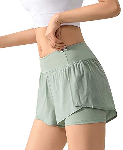 Flyself Kvinnor 2-i-1 Sport Shorts Snabbtorkning Resår Korta Byxor Kvinnor för Yoga Fitness Löpning Simning med ficka, Grön, L