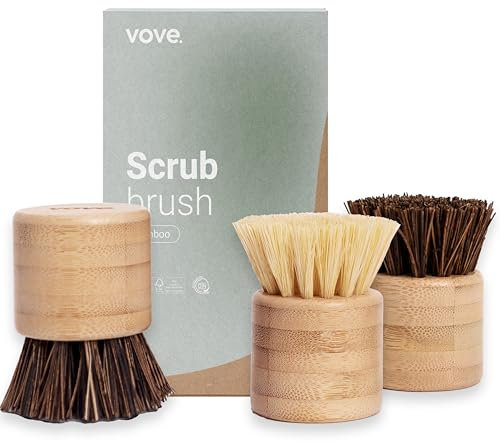 Vove Bamboo Scrub Brush Set, Set of 3 – FSC-certified Bamboo, Plastic-Free Natural Fibre Bristles, Sisal & Union Fibres, Stainless Steel – Washing Up Brushes, 2 Hard, 1 Medium