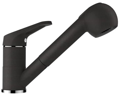 SCHOCK® Cosmo Onyx Robinet de cuisine haute pression noir avec douchette extensible I Robinet d'évier avec fonction jet et douche I 179 mm de hauteur I Tuyau de raccordement flexible 450 mm