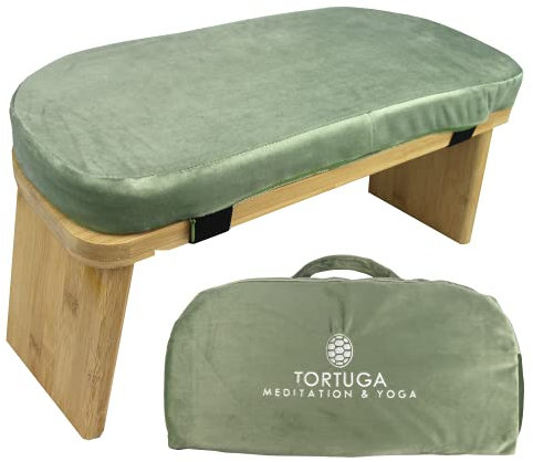 Tortuga - Banco de Meditación Plegable y Ergonómico 100% de Bambú Orgánico, Sostenible y Resistente - Color Verde - Pack Completo: Bolsa para Transportar, cómodo cojín - Mejora Postura y Mindfulness
