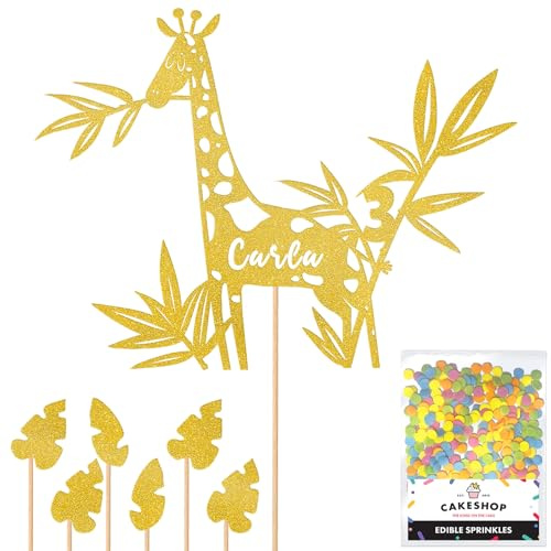 Personalised Birthday Jungle Giraffe Glitter Cake Topper- Gold Any Custom Age & Name Glitter Cake Decoration and Sprinkles - Happy Birthday Decorations - Personalised Toppers for Cakes by Cakeshop