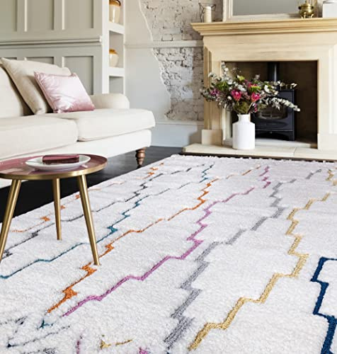 Alfombra moderna escandinava lanuda con flecos Ariana marroquíes bohemios para sala de estar o dormitorio, alfombra de lujo súper suave en varios colores crema (enrejado AR01, grande, 160 x 230 cm)