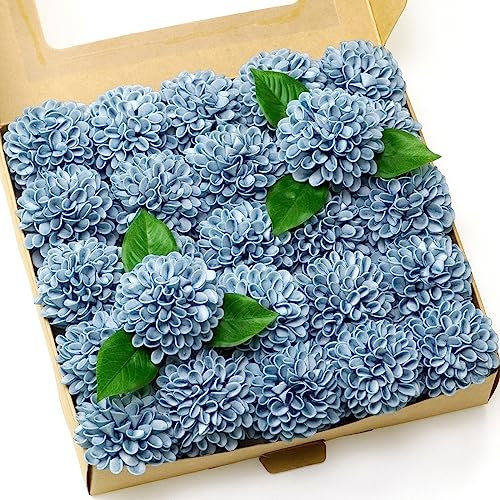 Künstliche Hochzeitstortenblumen, Dahlien-Blumen, 25 Stück, künstliche Rosen mit Stiel, für selbstgemachte Hochzeitsdekoration, Tafelaufsätze, Arrangements, Blumensträuße (hellgrau-blau)