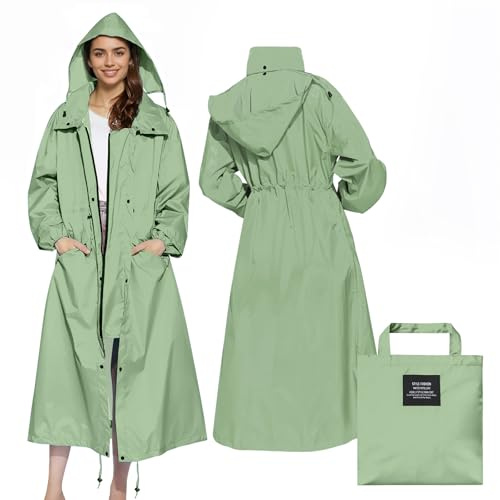 LAMA Womens Long Raincoats Rain Jacket Waterproof Packable Outdoor Hooded Windbreaker Lightweight Adjustable Waist for Outdoors(Green, L)