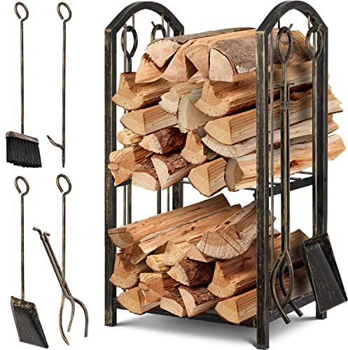 KESSER® Set Scaffale per camino 5 pezzi, scaffale a 2 piani per legna da ardere, uso in interni ed esterni, in metallo, con 4 utensili per il camino e il forno, acciaio 40 x 30 x 74,5cm