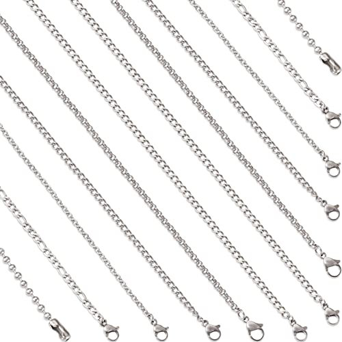 Beadthoven 30pcs Stainless Steel Chain Necklace Bulk Ball Chain Rolo Chain Curb Cable Figaro Chain with Lobster Claw Clasp for DIY Women Man Necklace Jewelry