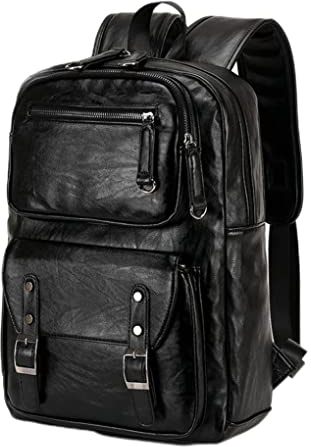 NIDONE Men's PU Leather Backpack Large Capacity Casual Daypack Black Computer Rucksack for Business School Office Leisure Travel
