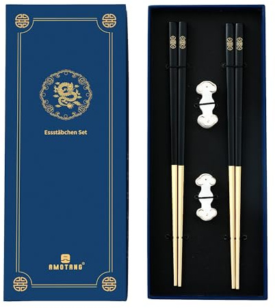 AMOTANG 2 Paar Edelstahl Essstäbchen mit chinesischer Verbotene -Stadt Design, inkl. 2 Keramik Chopstick-Halter. Spülmaschinenfest, rutschfest und wiederverwendbar Stäbchen in Schwarz