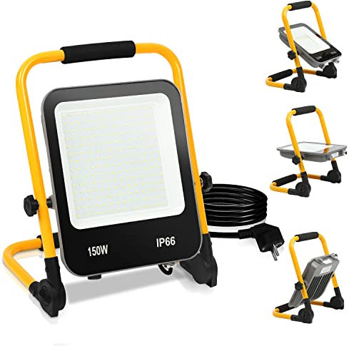 Tubiaz LED Baustrahler, 150W 13000LM Baustellen Strahler 6000K Kaltweiß Arbeitsscheinwerfer LED Fluter Floodlight mit 3M Kabel und Faltbarer Ständer, IP66 Wasserdicht Strahler für Baustelle