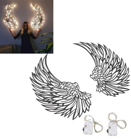 Gugxiom Engelsflügel-Wandkunst aus Metall, Metall-Engelsflügel-Wanddekoration, Hängende Leuchtende Wandkunst, 18,1 Zoll Hoch, 8,2 Zoll Breit, mit LED-Lichtern, für Zuhause, Schlafzimmer,