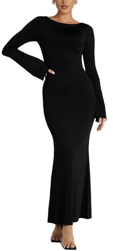 Vestidos Largos Mujer de Manga Larga Sexy Maxi Vestido Ajustado Vestido de Color Sólido Elegante Bodycon Dress Elástico Casual Noche Club Playa