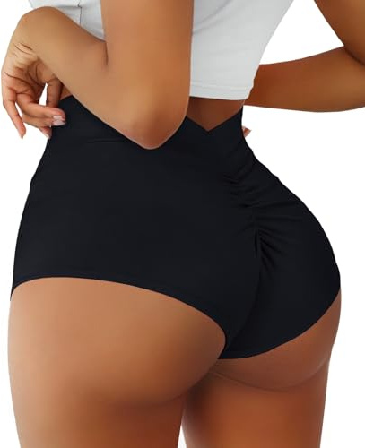 Women's Booty Shorts-High Waist V Back Yoga Shorts- Spandex Dance Hot Pants Butt Lifting Rave Bottoms Black