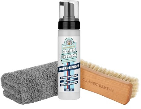 CLEANEXTREME Auto Lederreiniger Set mit 200 ml Leder-Reiniger, Reinigungsbürste und Mikrofasertuch | Zur schonenden, gründlichen Reinigung von seidenmatten bis glänzenden Leder-Oberflächen im Auto