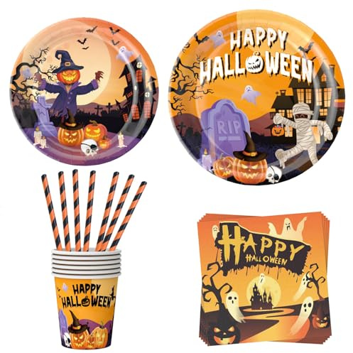 ASSUGO Halloween Partygeschirr Set 50-teilig - Pappteller, Becher, Strohhalme - Tischdeko für Kinder, Grusel Party, Garten (10 Stück)