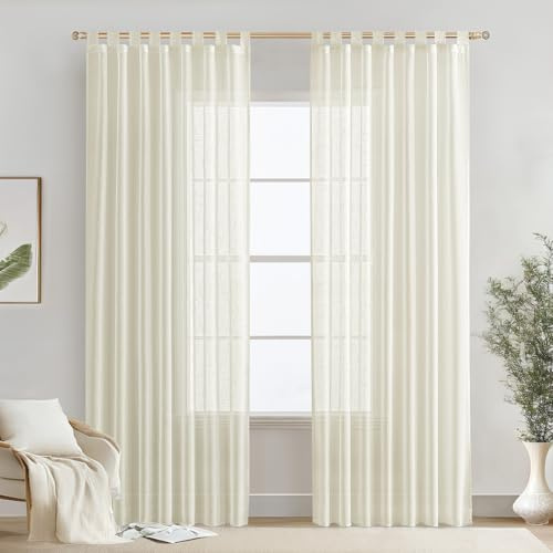 MIULEE Voile Gardine Leineneffekt 2er Set B140 H245 Elfenbeinweiß | Halbtransparente Voile mit natürlichem Leineneffekt und praktischen Schlaufen, Deko für Wohnzimmer und Schlafzimmer