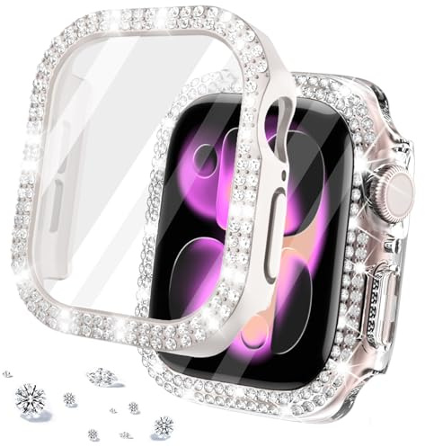 DEALELE [2-pack] härdat glasfodral kompatibelt med Apple Watch serie 11/10 (42 mm), bling dubbelradig diamant skyddsfodral med härdat glas skärmskydd (stjärnljus + genomskinlig)