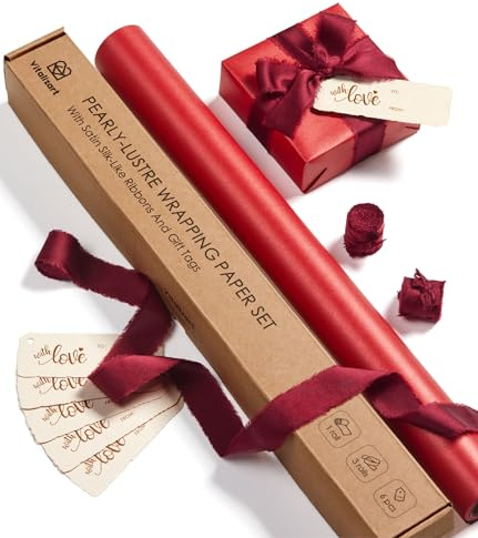 Vitalizart 43cm*5m Red Gift Wrapping Paper Set, Pearly-Lustre With Burgundy Silky Satin Ribbon & Gift Tags Recyclable, Wrapping Paper Roll for Christmas Birthday Wedding Gift & Handmade Crafts