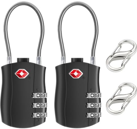 NAGE TSA Approved Luggage Locks 3-Digit, Backpack Bags (Black, 2P) | Secure Travel Padlocks for Suitcase, Durable Small Wire Lock with Resettable Code, ABS Plastic Material
