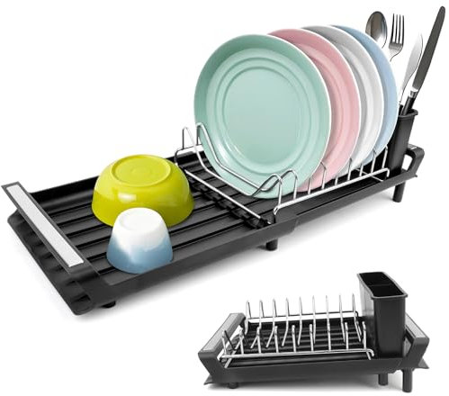 Abtropfgestell Geschirr Abtropfständer Erweiterbar Geschirrabtropfgestell Geschirrtrockner Edelstahl Abtropfgestell Geschirabtropfständer Geschirr Trockengestell für Spüle Dish Drying Rack Schwarz
