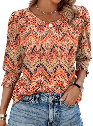 Aokosor 3/4 Sleeve Tops for Women UK Summer T Shirts | Blouses for Women, Womens Tops Dressy Causal, Crew Neck, Puff Sleeve, Elastic Cuff, Curved Hem,Loose Fit