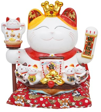 Qriocioa Maneki Neko, braccio sventolante in ceramica cinese, gatto portafortuna Feng Shui, decorazione da scrivania, con braccio oscillante motorizzato in plastica, per casa, ufficio e negozio