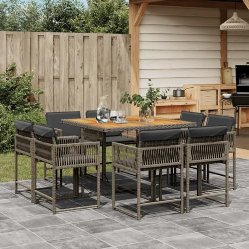 Gecheer 9-TLG.Garten Essgruppe Terrassenmöbel Set 8 Personen Sitzgruppe Gartenmöbel Set Metall Esstisch mit Akazienholz-Tischplatte & 8 Stuhl,Gartengruppe Sitzgarnitur Grau Poly Rattan