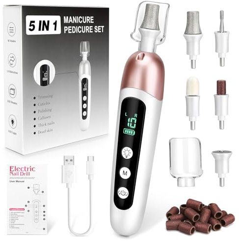 Maniküre Pediküre Set mit 10-Gang und LED Licht,Tragbare Elektrische Nagelfeile 2000 mAh Wiederaufladbare Elektrisch Nagelfräser mit 5 Aufsätze Nagelpflegeset für Gelnägel Acrylnägel