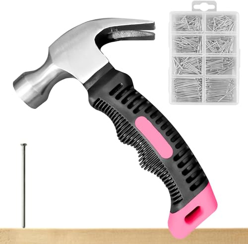 Pritok Lot de mini marteau clou 560 avec matériel de clous, marteau antidérapant pour le bricolage, le travail du bois, le camping, la réparation Rose