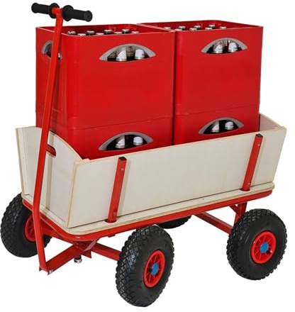 PROREGAL Profi Bollerwagen Bolly Holz Luftreifen HxBxT 97x90x60cm, Traglast 150kg, Luftbereifung, Rot, Handwagen Holzbollerwagen Transportwagen
