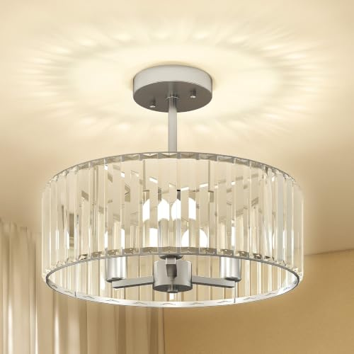 HOMCOM Crystal Ceiling Light Fixture Semi Flush Mount Modern 39 cm Silver | Crystal Chandelier Ceiling Light, for Living Room Bedroom Hallway Dining Room, E14 Base 3-Lights, Bulbs Not Included