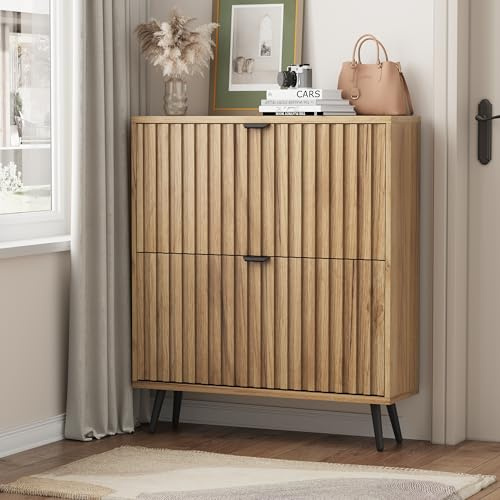 Shoe Storage Cabinet, Fluted Shoe Cabinet Storage for Entryway, Hidden Shoe Cabinet with Metal Legs,Shoe Organizer Cabinet with Flip Doors, Slim Entryway Shoe Storage Cabinet, Natural Wood-31.5in